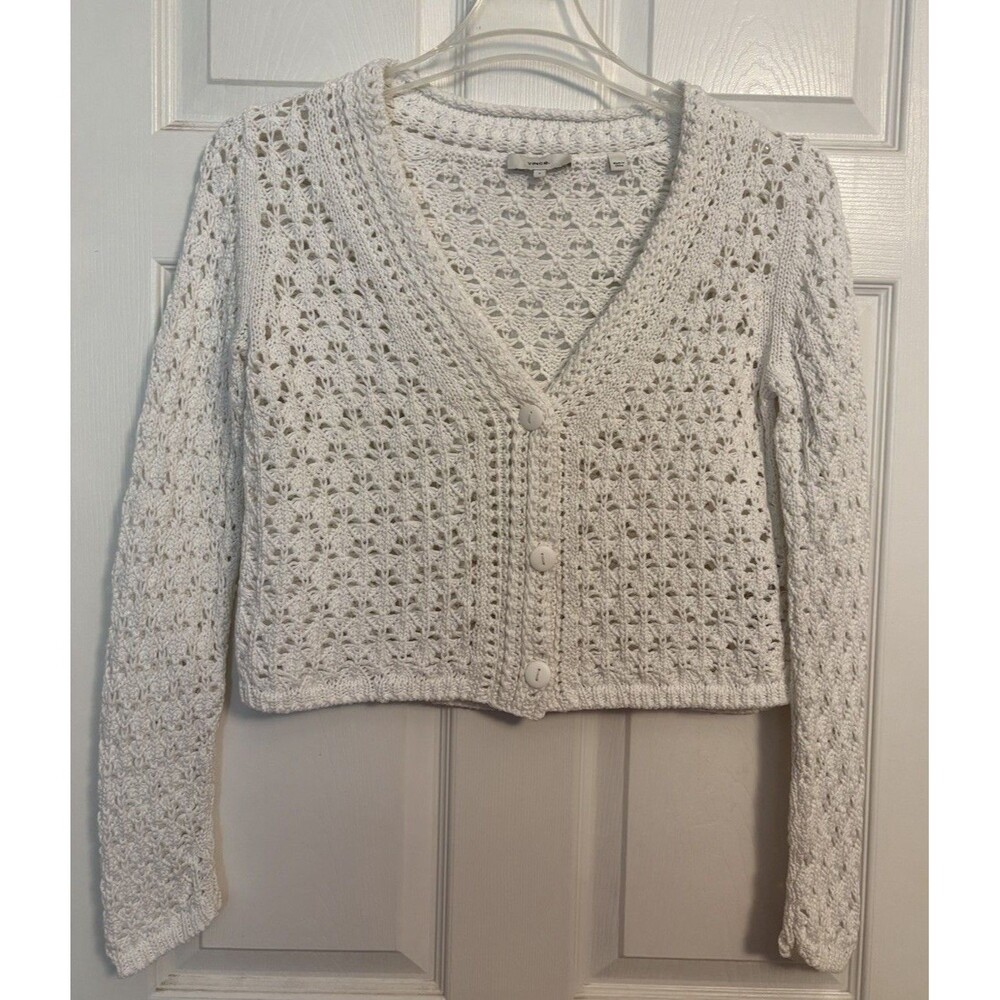 Vince Crochet Cardigan 100% Organic Cotton White Cropped Vneck Button Front Sz S